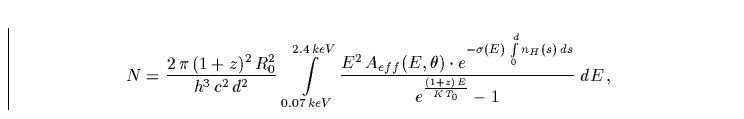 \begin{displaymath}
N = \frac{2\,\pi\,(1+z)^2\, R^2_0}{h^3\,c^2\,d^2}\; \int\lim...
 ...0}^{d}
n_H(s)\,ds}} {e^{\frac{ (1+z)\, E}{K\, T_0}} - 1}\;dE\,,\end{displaymath}