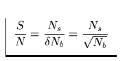 $\textstyle\parbox{3.5cm}{\begin{displaymath}
\frac{S}{N}=\frac{N_s}{\delta N_b}=
\frac{N_s}{\sqrt{N_b}}\end{displaymath}}$